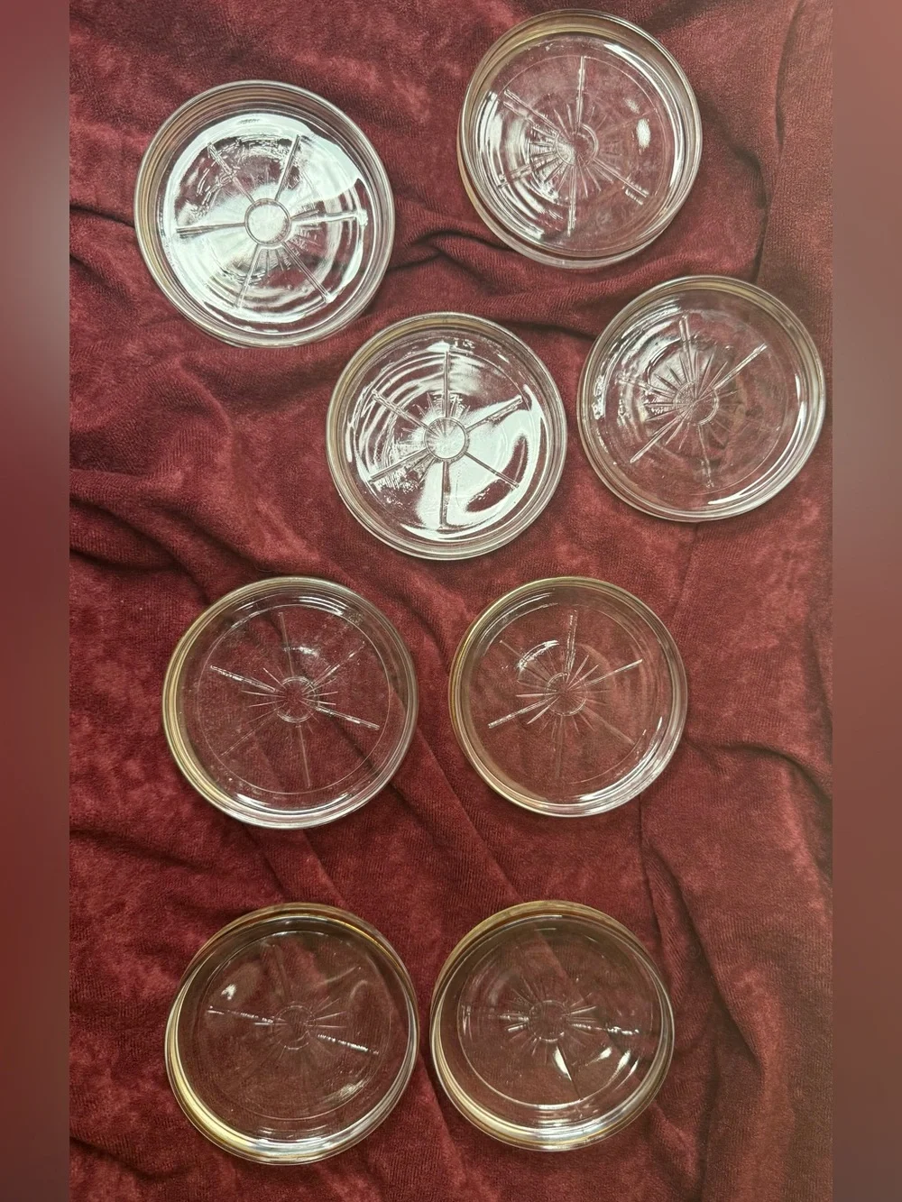 Set of 8 Vintage Atomic Sunburst Starburst Glass Coasters with Gold Trim #Bar